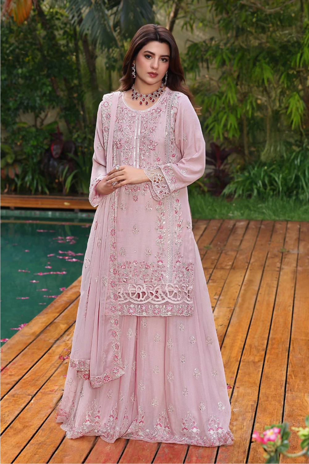 Dusty Rose Embroidered Sharara Suit | Drape Edit '26 | Pakistani Party Wear – London