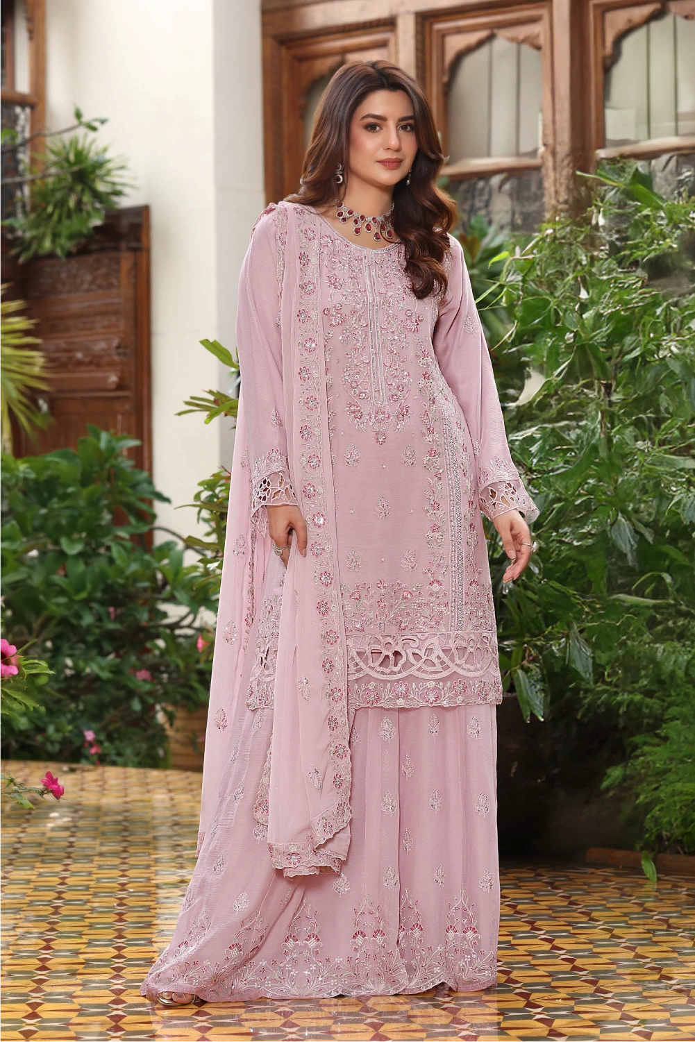 Dusty Rose Embroidered Sharara Suit | Drape Edit '26 | Pakistani Party Wear – London
