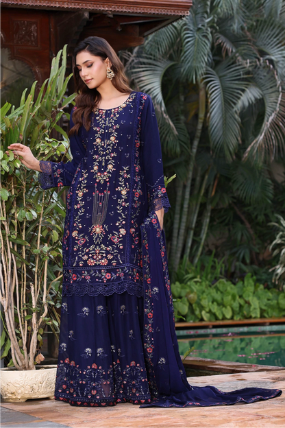 Navy Blue Embroidered Sharara Suit | Drape Edit '26 | Pakistani Party Wear – London