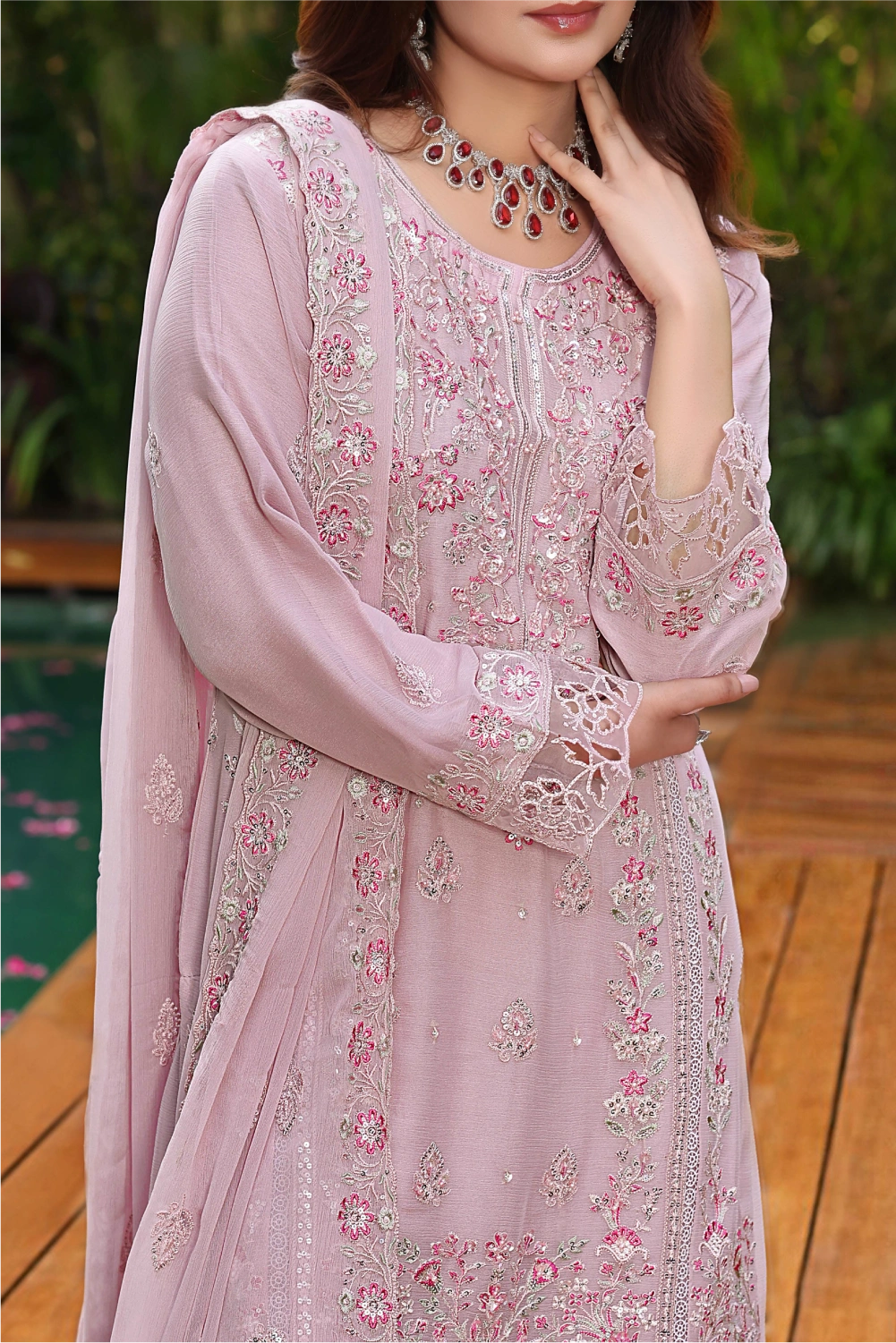 Dusty Rose Embroidered Sharara Suit | Drape Edit '26 | Pakistani Party Wear – London