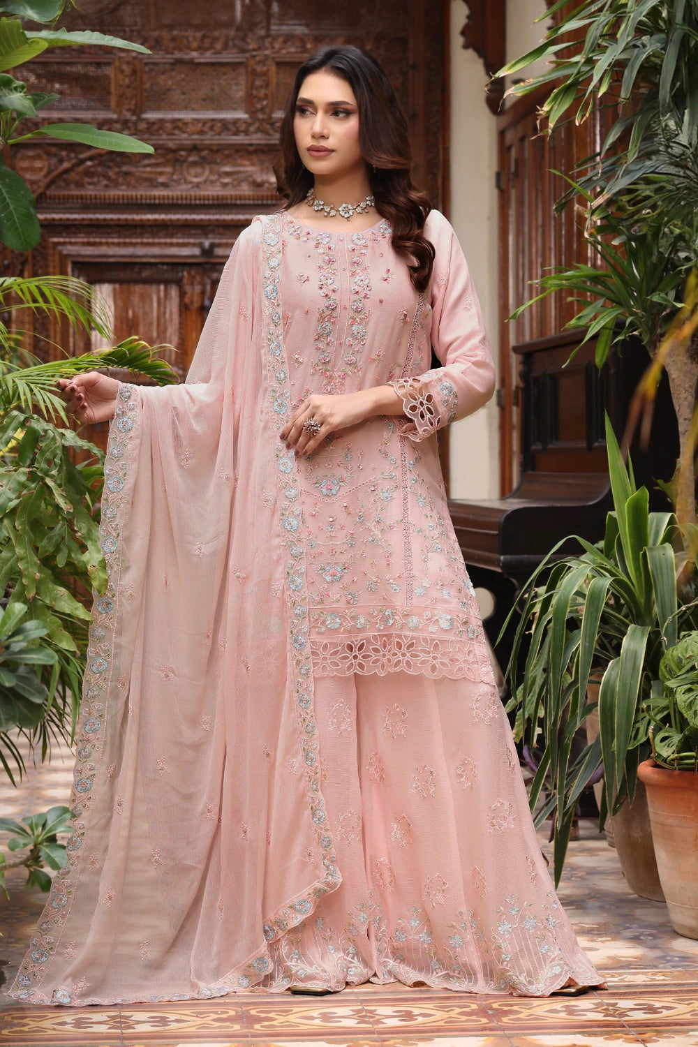 Blush Pink Embroidered Sharara Suit | Drape Edit '26 | Pakistani Party Wear – London
