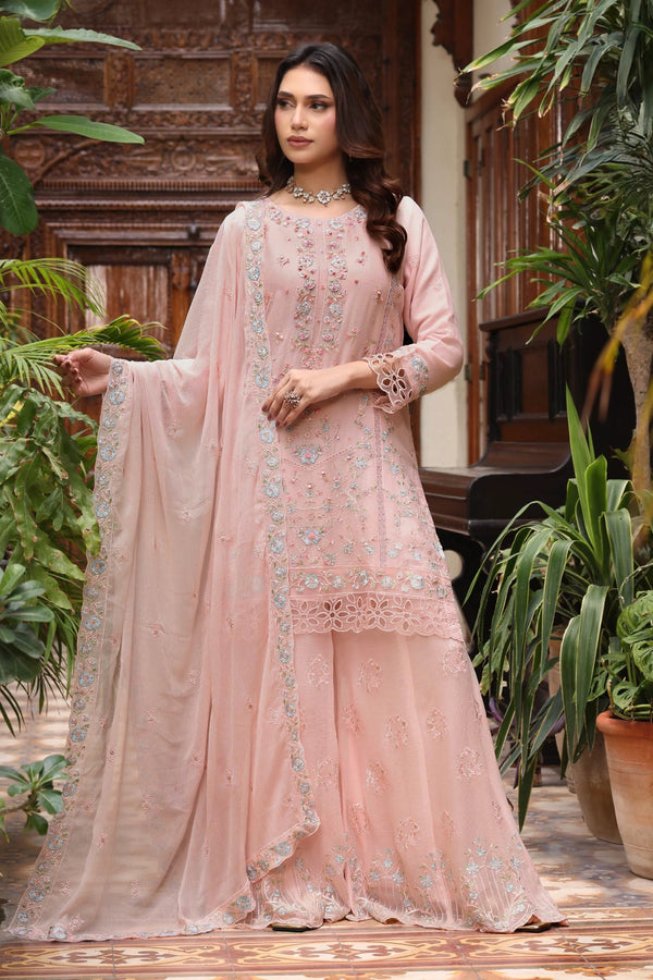 Blush Pink Embroidered Sharara Suit | Drape Edit '26 | Pakistani Party Wear – London