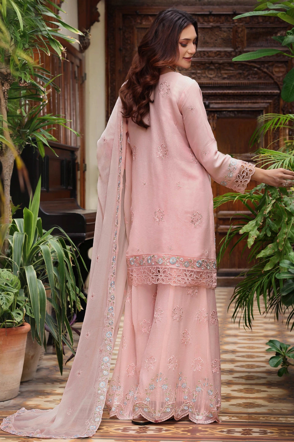 Blush Pink Embroidered Sharara Suit | Drape Edit '26 | Pakistani Party Wear – London