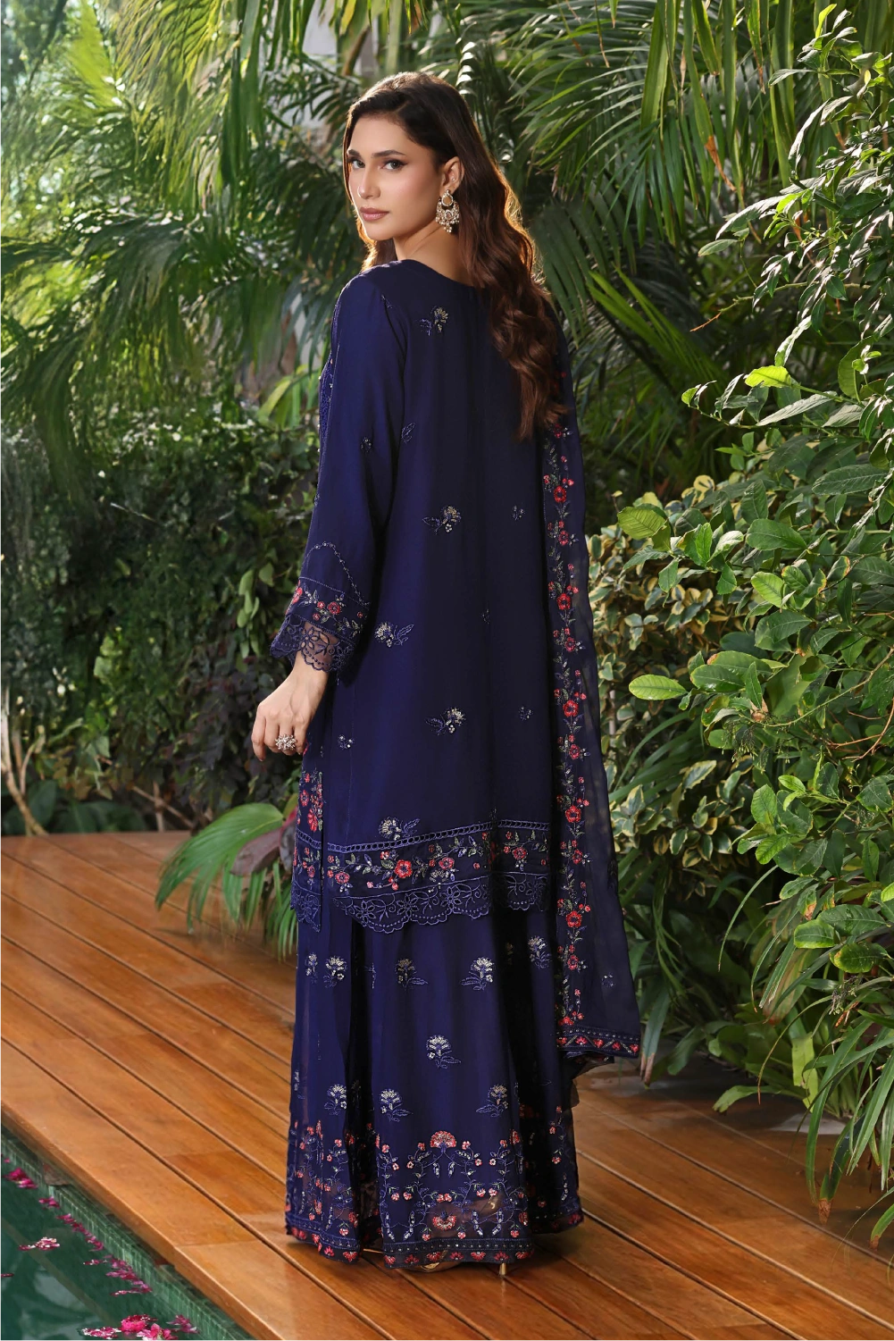 Navy Blue Embroidered Sharara Suit | Drape Edit '26 | Pakistani Party Wear – London