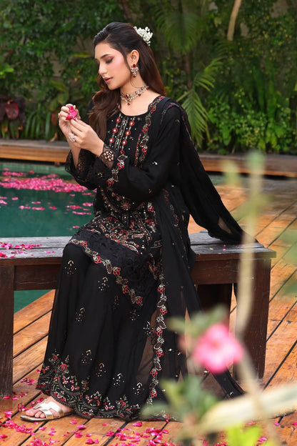 Black Embroidered Sharara Suit | Drape Edit '26 | Pakistani Party Wear – London