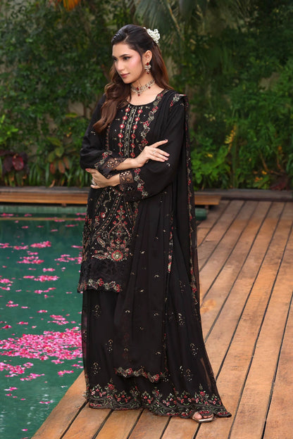 Black Embroidered Sharara Suit | Drape Edit '26 | Pakistani Party Wear – London