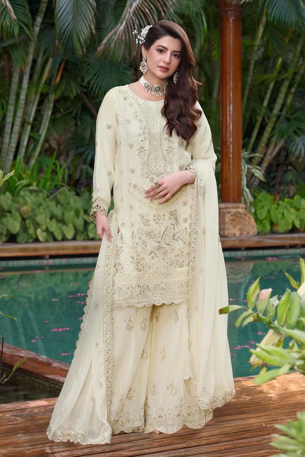Ivory Cream Embroidered Sharara Suit | Drape Edit '26 | Pakistani Party Wear – London