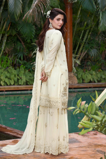 Ivory Cream Embroidered Sharara Suit | Drape Edit '26 | Pakistani Party Wear – London