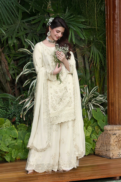 Ivory Cream Embroidered Sharara Suit | Drape Edit '26 | Pakistani Party Wear – London