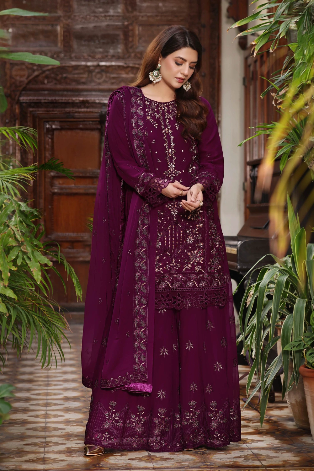 Wine Purple Embroidered Sharara Suit | Drape Edit '26 | Pakistani Party Wear – London