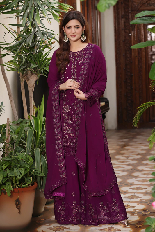 Wine Purple Embroidered Sharara Suit | Drape Edit '26 | Pakistani Party Wear – London