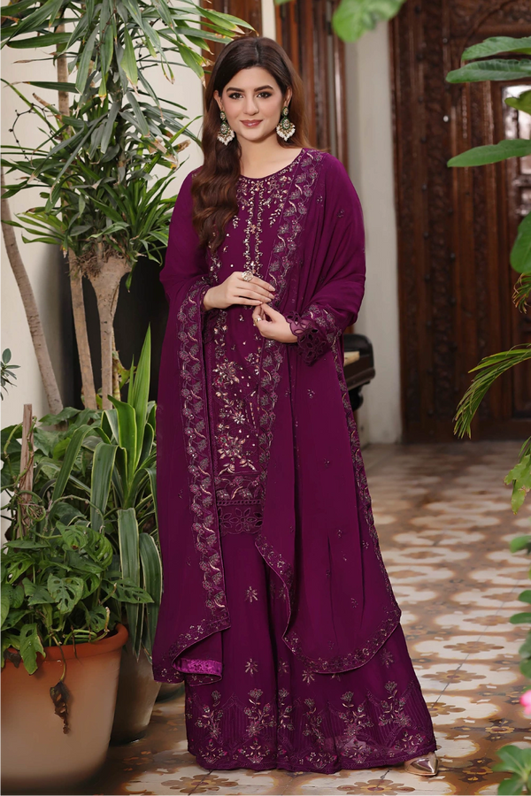 Wine Purple Embroidered Sharara Suit | Drape Edit '26 | Pakistani Party Wear – London