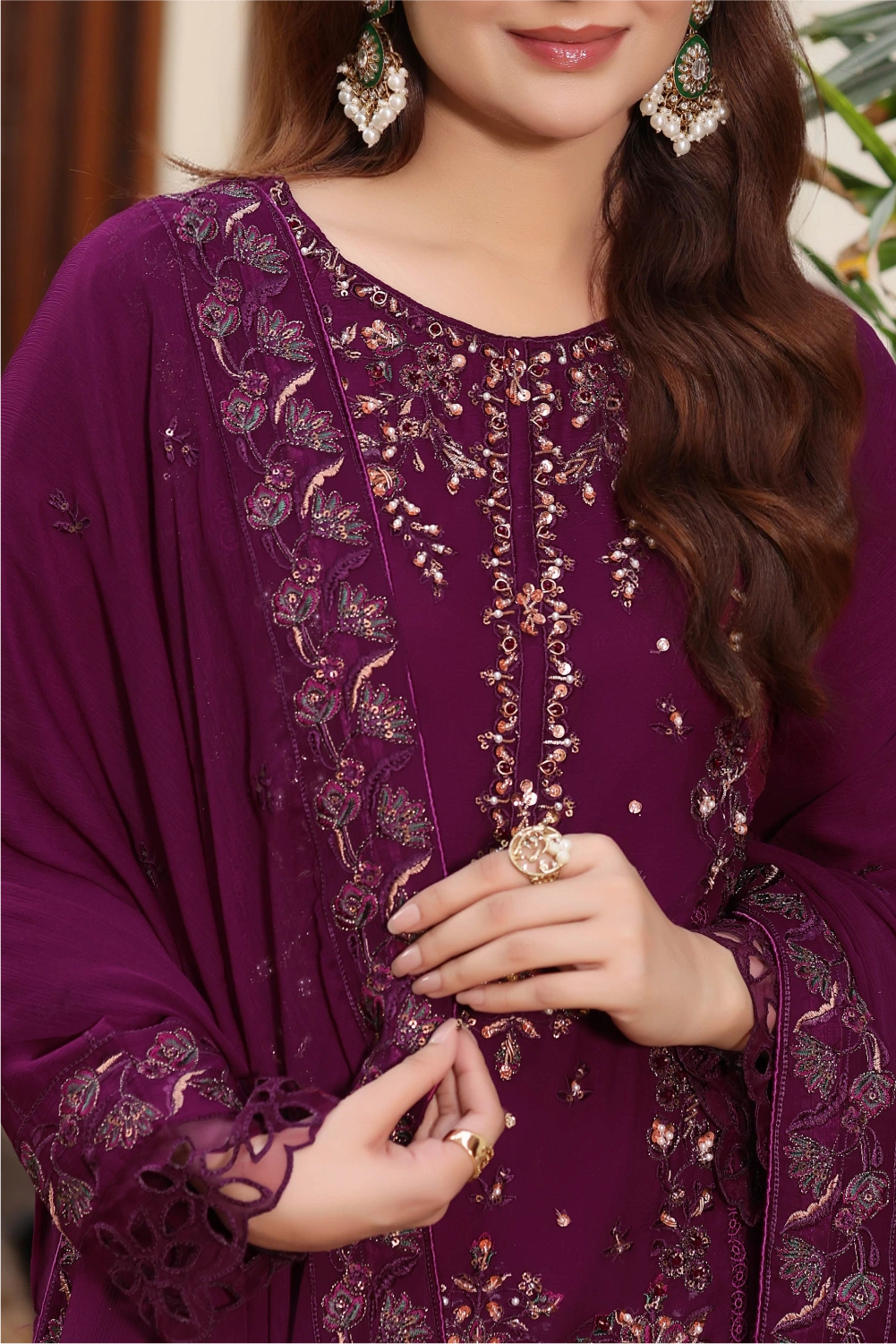 Wine Purple Embroidered Sharara Suit | Drape Edit '26 | Pakistani Party Wear – London