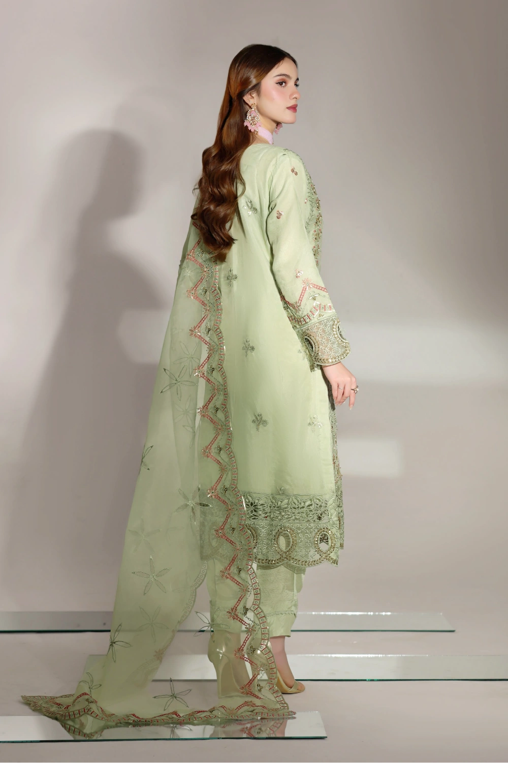 Sage Green Embellished Organza Suit | Mahnur Collection | Doli London Bridal Wear
