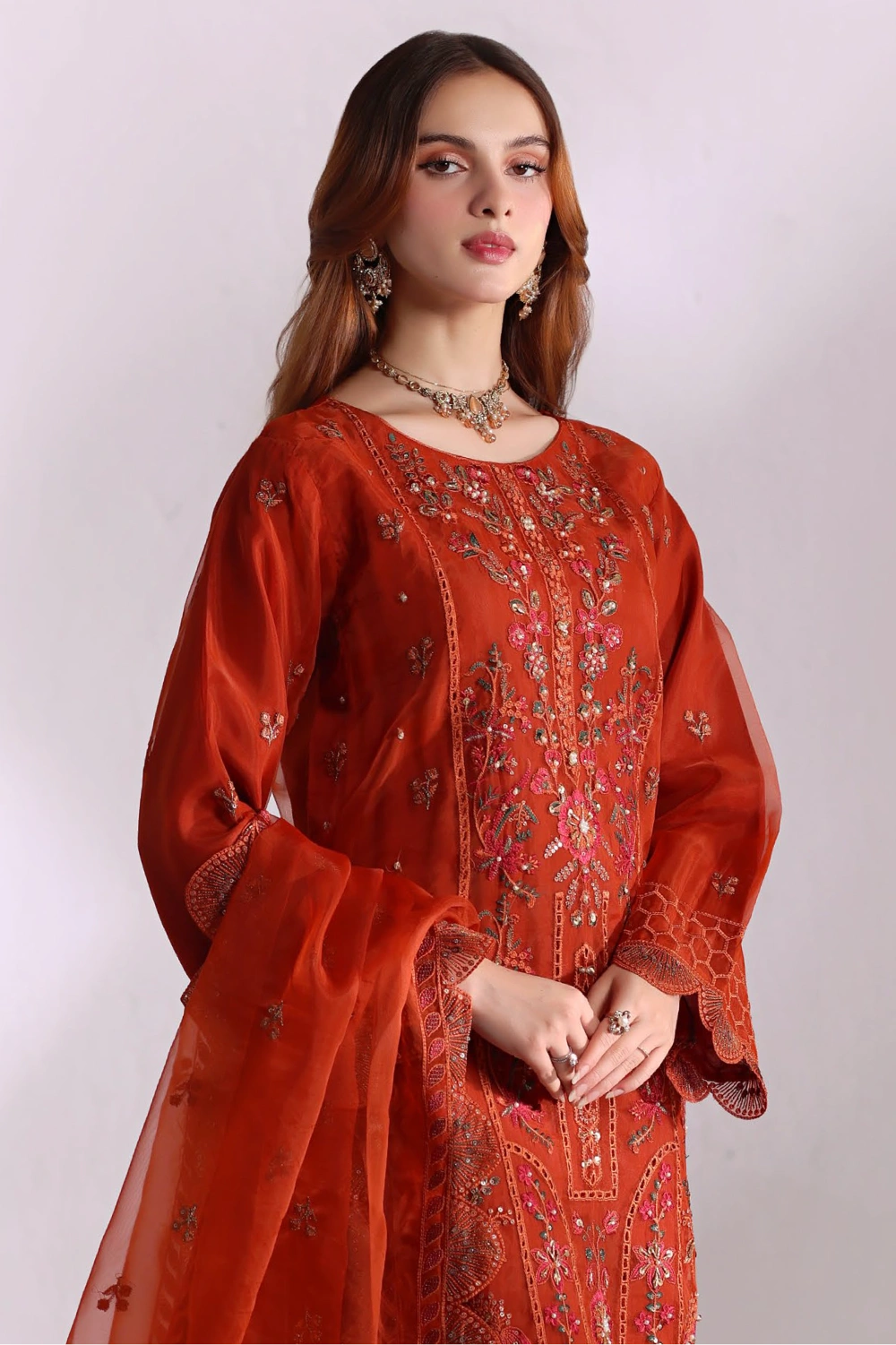Rust Embellished Organza Suit | Mahnur Collection | Doli London Bridal Wear