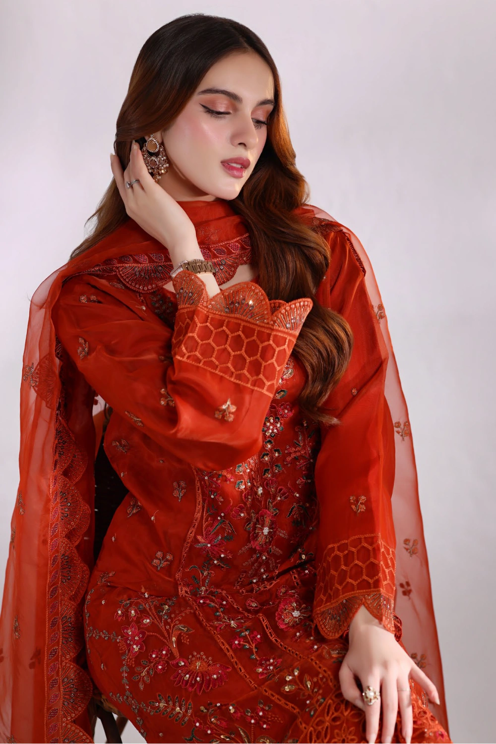 Rust Embellished Organza Suit | Mahnur Collection | Doli London Bridal Wear
