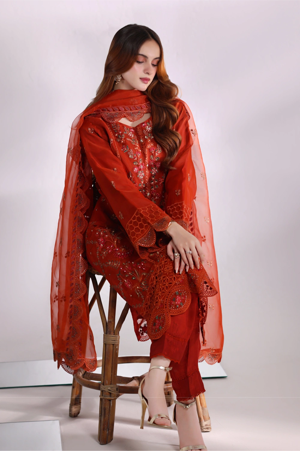 Rust Embellished Organza Suit | Mahnur Collection | Doli London Bridal Wear