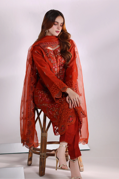 Rust Embellished Organza Suit | Mahnur Collection | Doli London Bridal Wear