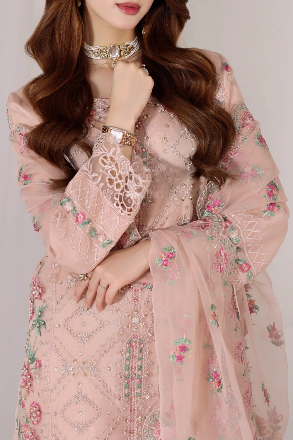 Blush Pink Embellished Organza Suit | Mahnur Collection | Doli London Bridal Wear