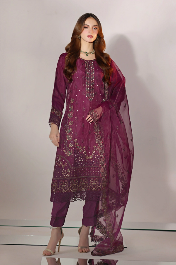 Wine Plum Embellished Organza Suit | Mahnur Collection | Doli London Bridal Wear