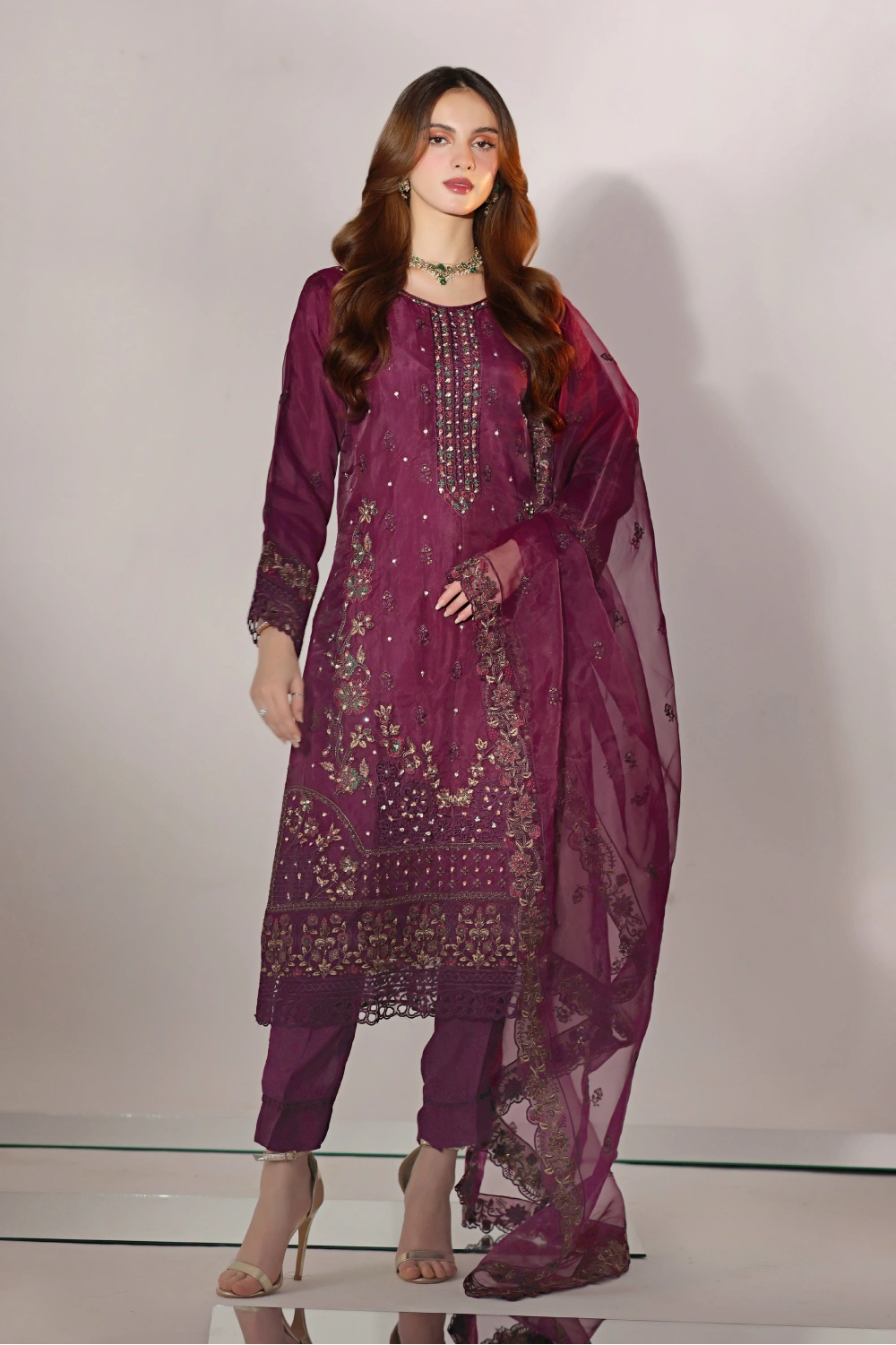 Wine Plum Embellished Organza Suit | Mahnur Collection | Doli London Bridal Wear