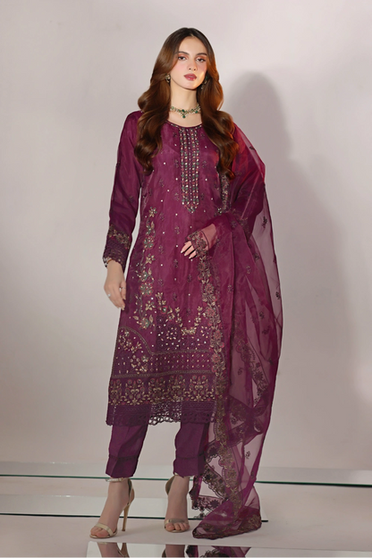 Wine Plum Embellished Organza Suit | Mahnur Collection | Doli London Bridal Wear
