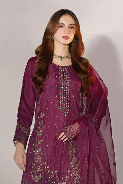 Wine Plum Embellished Organza Suit | Mahnur Collection | Doli London Bridal Wear