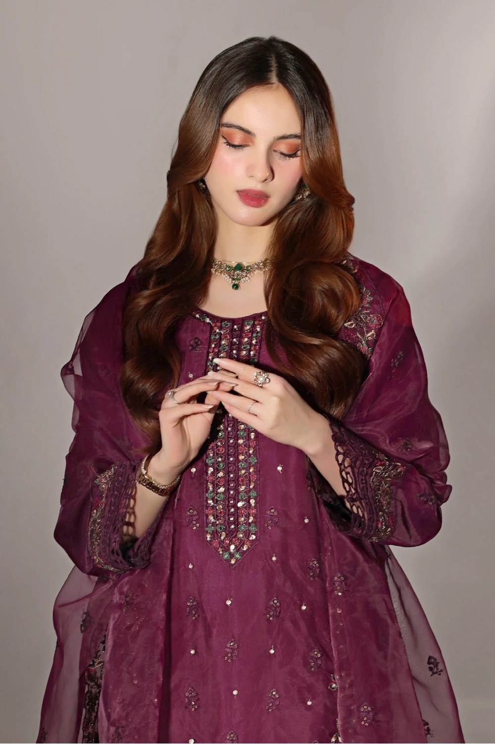 Wine Plum Embellished Organza Suit | Mahnur Collection | Doli London Bridal Wear