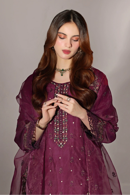 Wine Plum Embellished Organza Suit | Mahnur Collection | Doli London Bridal Wear