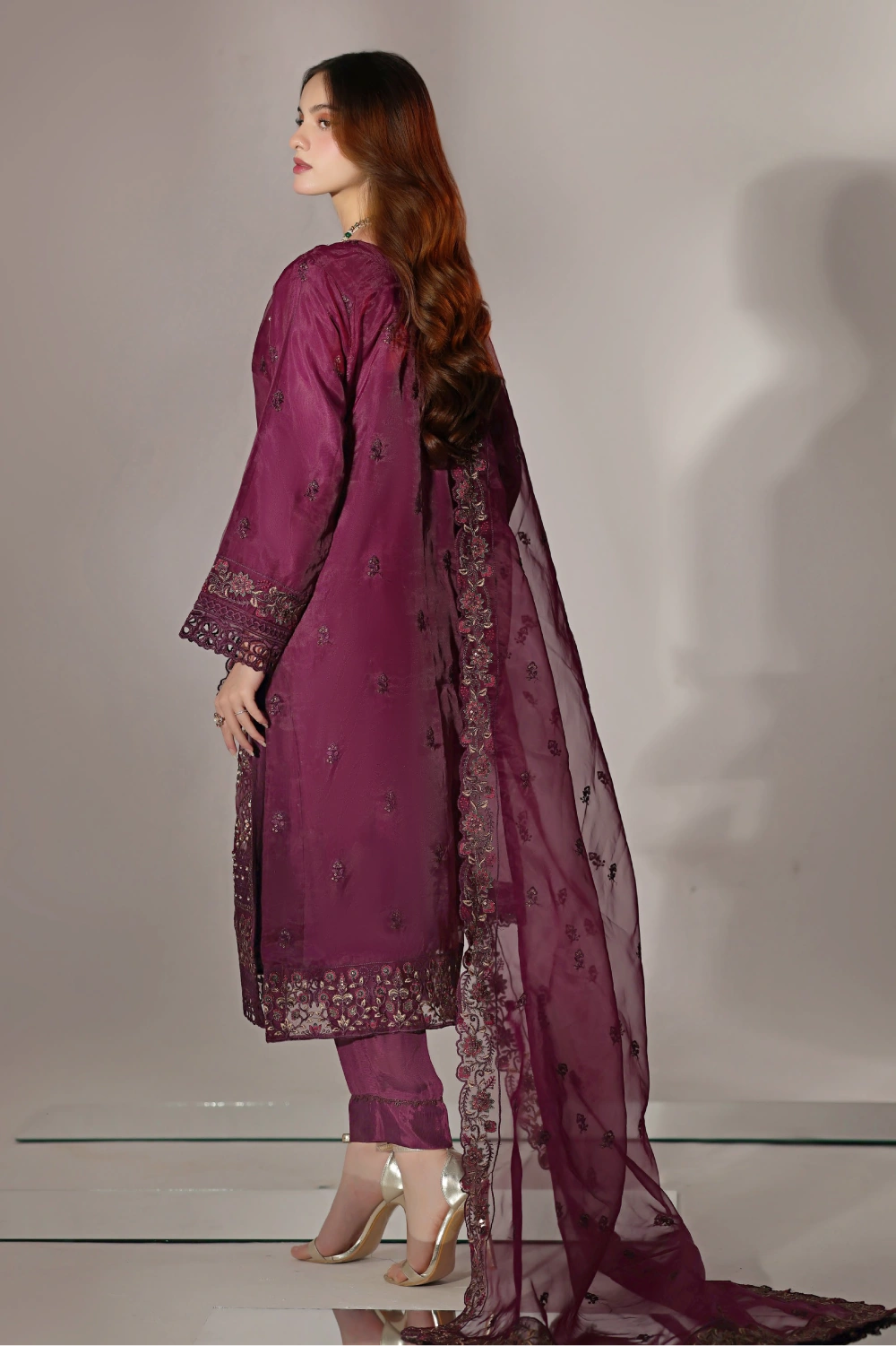 Wine Plum Embellished Organza Suit | Mahnur Collection | Doli London Bridal Wear