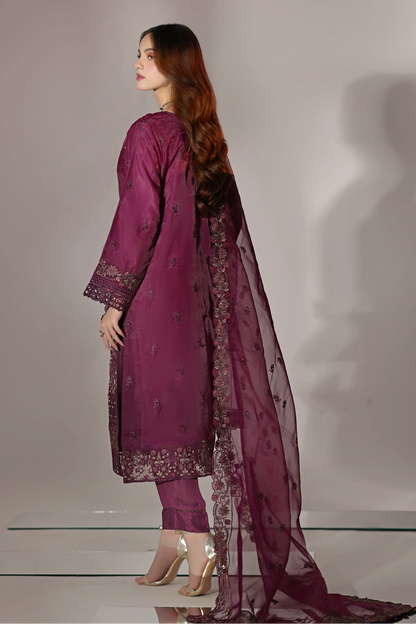 Wine Plum Embellished Organza Suit | Mahnur Collection | Doli London Bridal Wear
