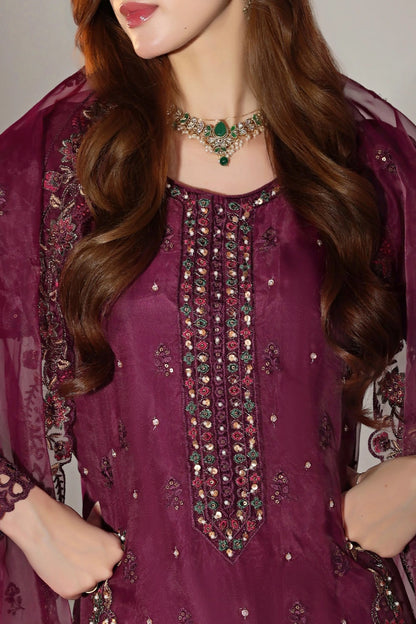 Wine Plum Embellished Organza Suit | Mahnur Collection | Doli London Bridal Wear