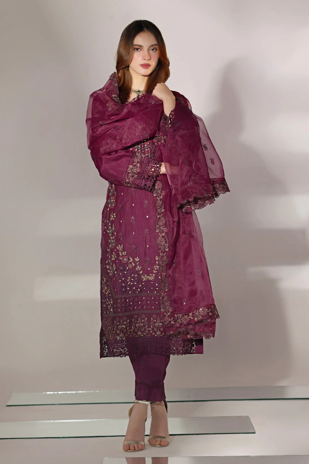 Wine Plum Embellished Organza Suit | Mahnur Collection | Doli London Bridal Wear