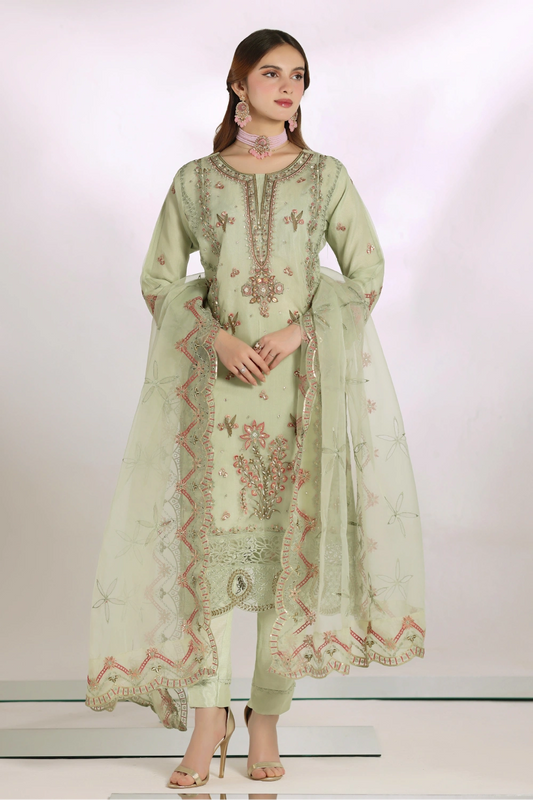 Sage Green Embellished Organza Suit | Mahnur Collection | Doli London Bridal Wear