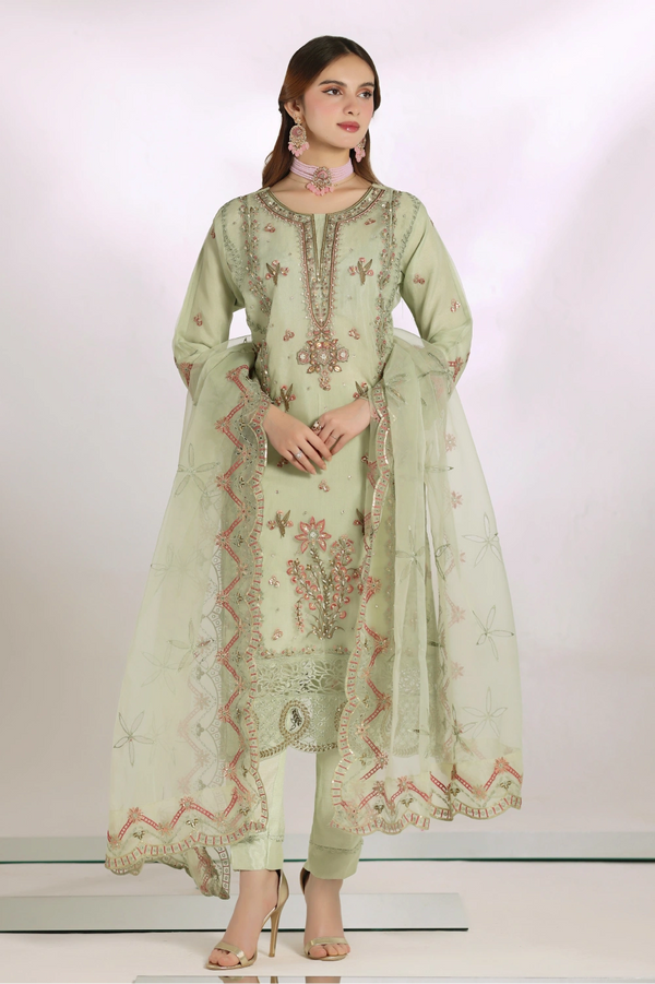 Sage Green Embellished Organza Suit | Mahnur Collection | Doli London Bridal Wear