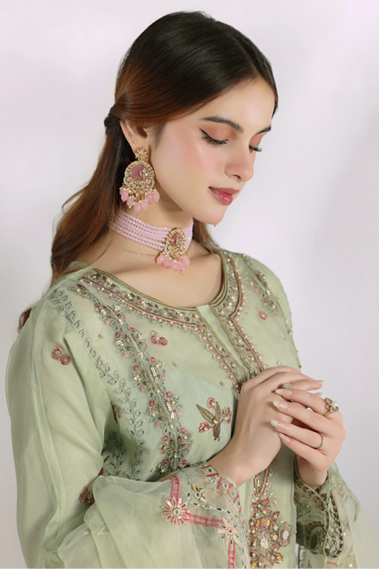 Sage Green Embellished Organza Suit | Mahnur Collection | Doli London Bridal Wear