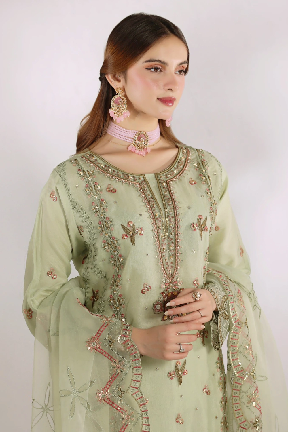 Sage Green Embellished Organza Suit | Mahnur Collection | Doli London Bridal Wear