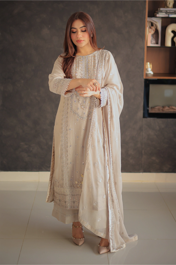 Beige Embroidered Straight Suit | Mirha Edit '26 | Pakistani Formal Wear β London