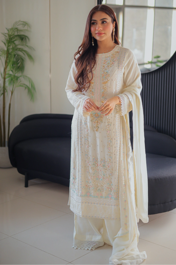 Ivory Embroidered Straight Suit | Mirha Edit '26 | Pakistani Formal Wear – London