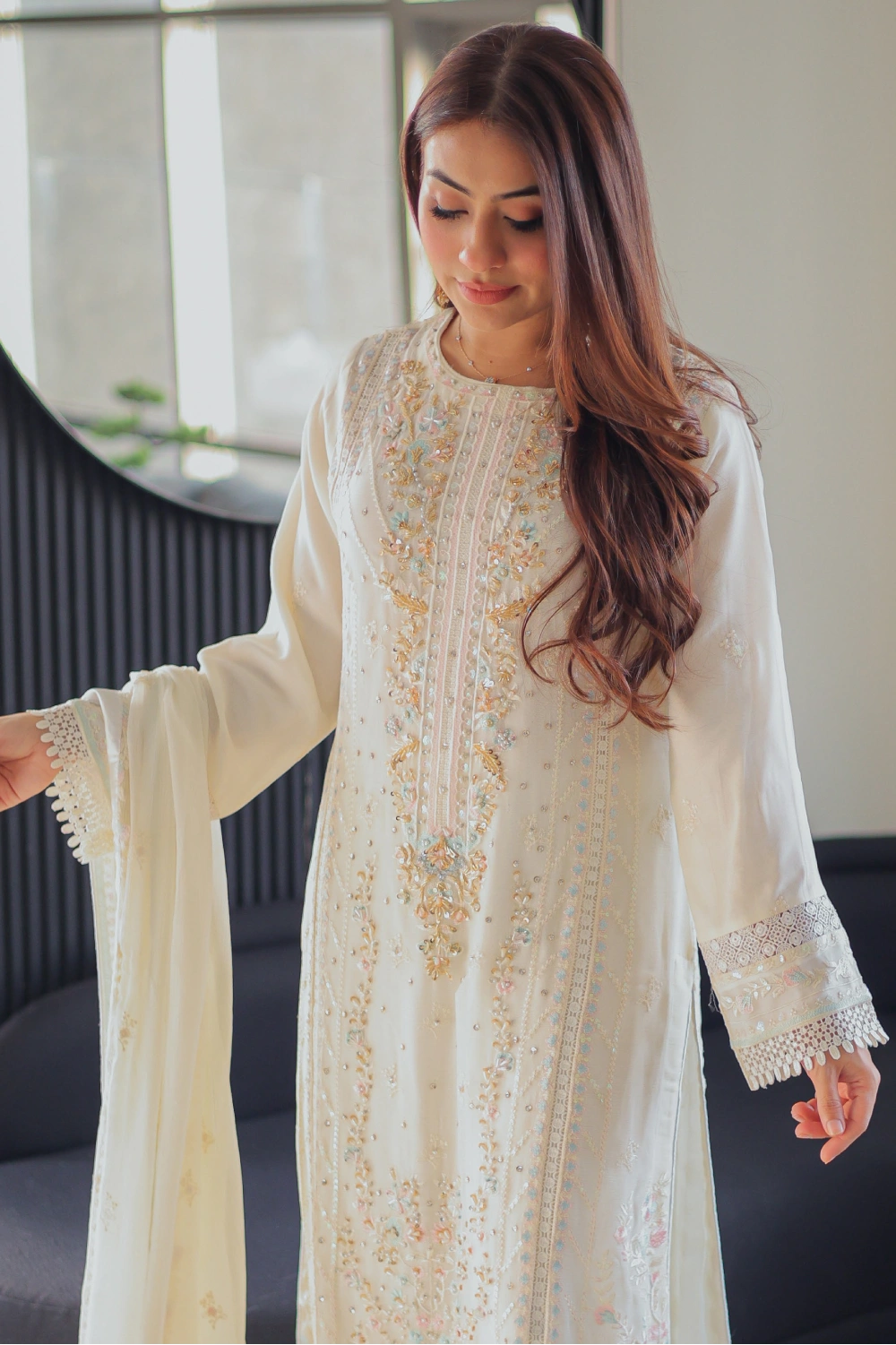 Ivory Embroidered Straight Suit | Mirha Edit '26 | Pakistani Formal Wear – London