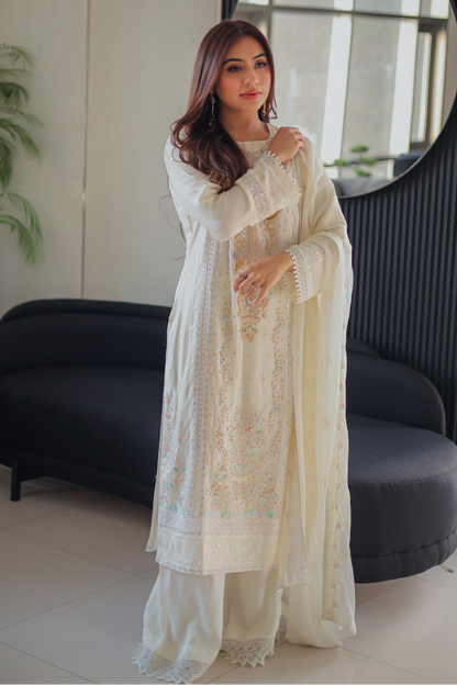 Ivory Embroidered Straight Suit | Mirha Edit '26 | Pakistani Formal Wear – London