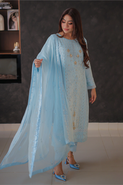 Powder Blue Embroidered Straight Suit | Mirha Edit '26 | Pakistani Formal Wear – London