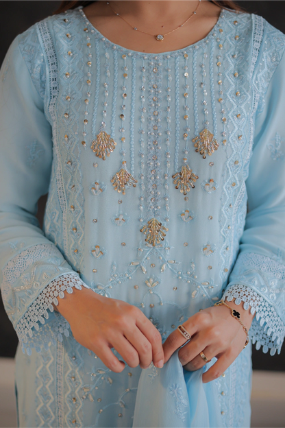 Powder Blue Embroidered Straight Suit | Mirha Edit '26 | Pakistani Formal Wear – London