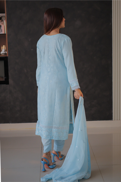 Powder Blue Embroidered Straight Suit | Mirha Edit '26 | Pakistani Formal Wear – London