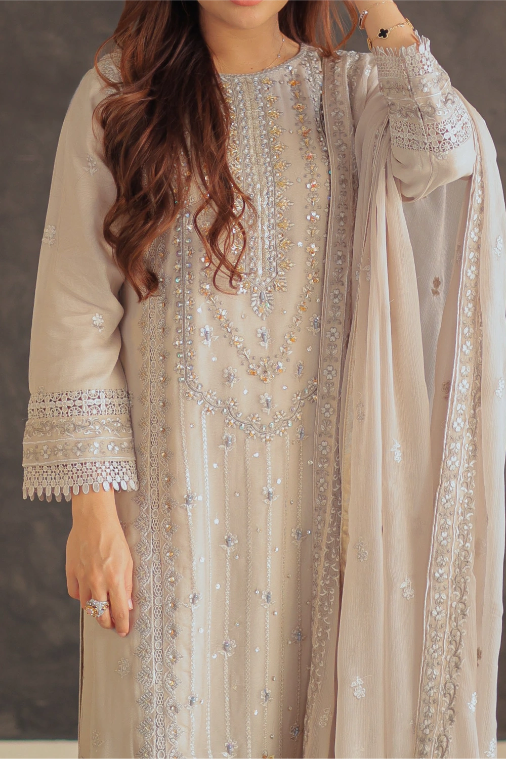 Beige Embroidered Straight Suit | Mirha Edit '26 | Pakistani Formal Wear – London