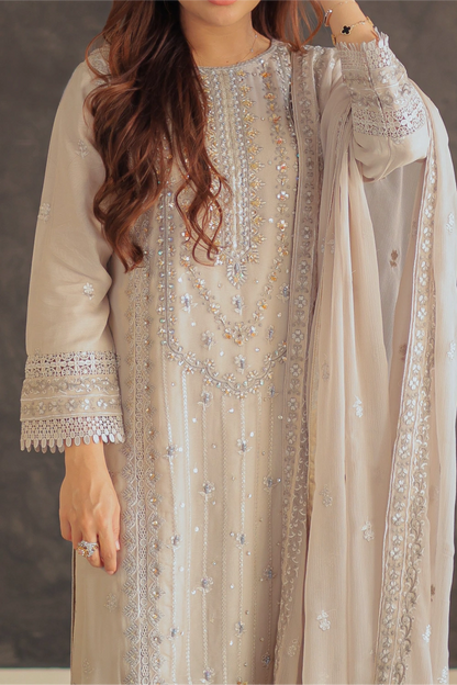 Beige Embroidered Straight Suit | Mirha Edit '26 | Pakistani Formal Wear – London