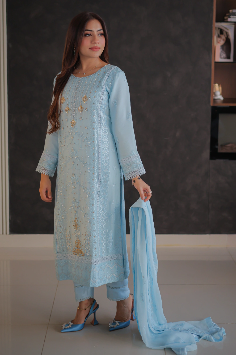 Powder Blue Embroidered Straight Suit | Mirha Edit '26 | Pakistani Formal Wear – London