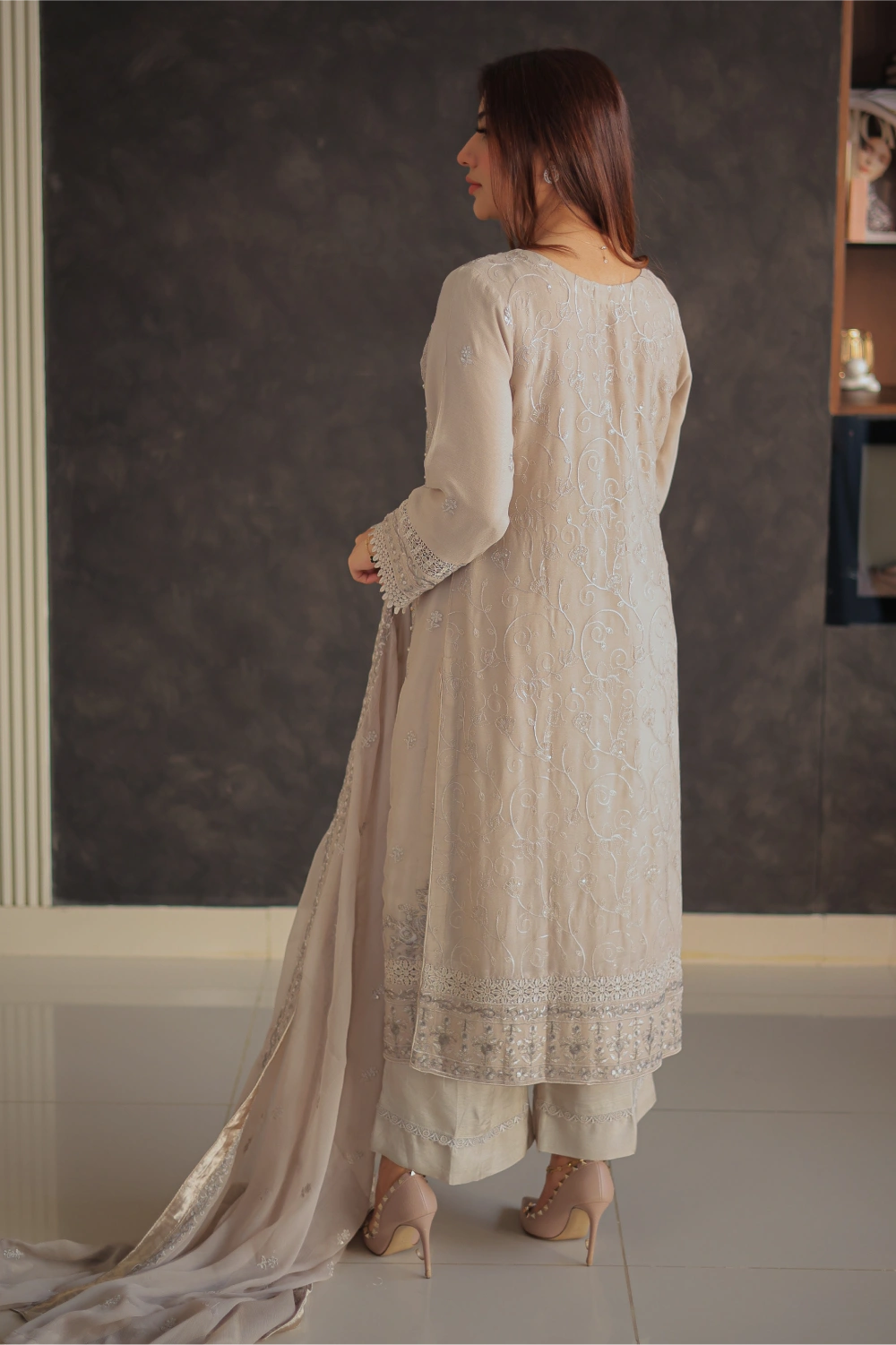 Beige Embroidered Straight Suit | Mirha Edit '26 | Pakistani Formal Wear – London