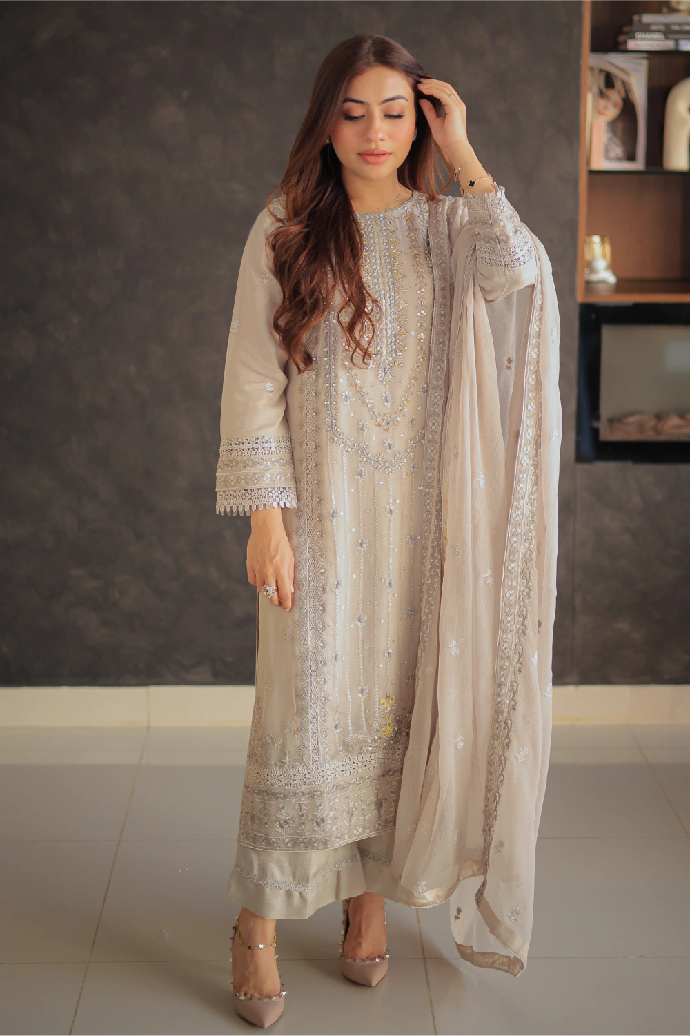 Beige Embroidered Straight Suit | Mirha Edit '26 | Pakistani Formal Wear – London
