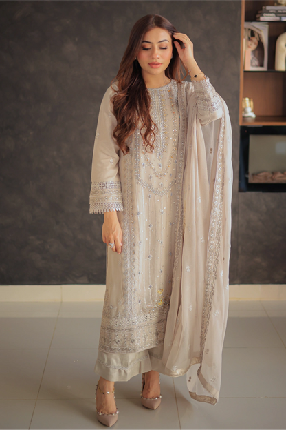 Beige Embroidered Straight Suit | Mirha Edit '26 | Pakistani Formal Wear – London